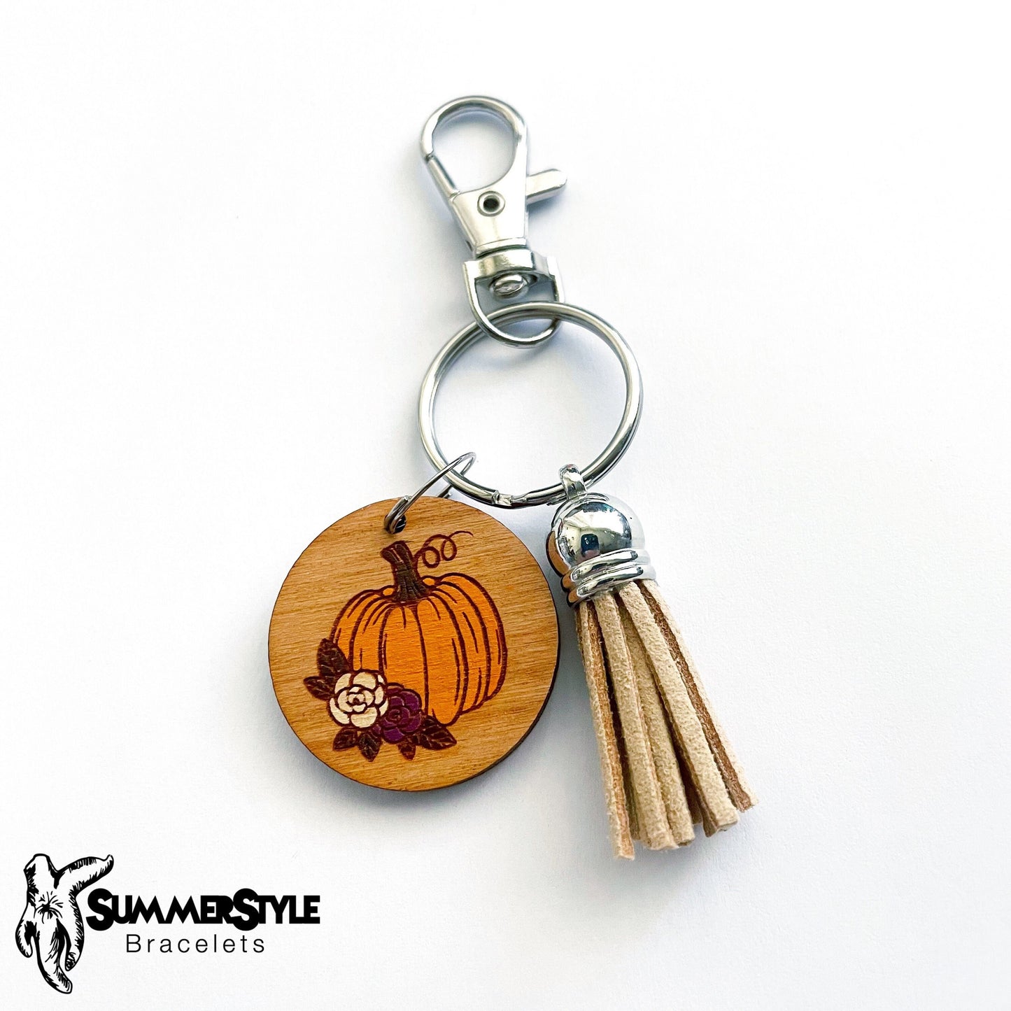 Pretty Pumpkin Wooden Keychain, Fall Gift, Backpack Keychain, Tassel Keychain, SummerStyle Bracelets