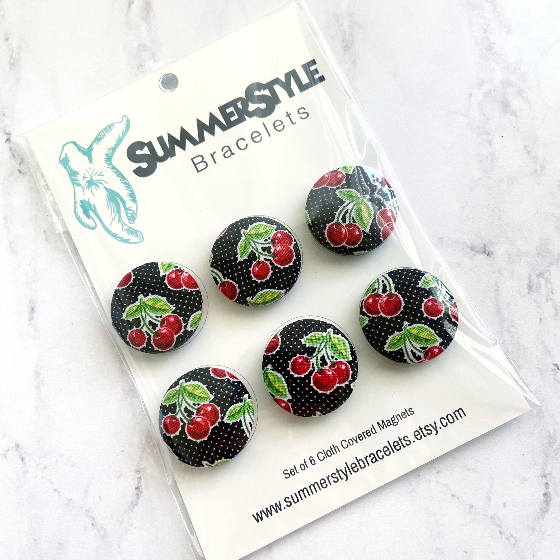 Set of 6 Cherry Magnets, Cloth Button Magnet, Vintage Kitchen Decor, SummerStyle Bracelets