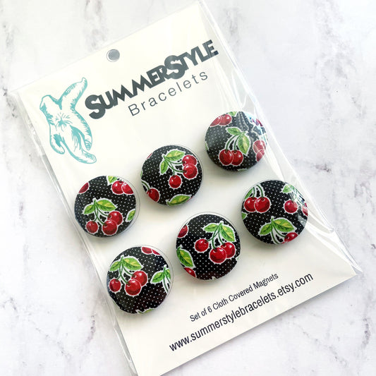 Set of 6 Cherry Magnets, Cloth Button Magnet, Vintage Kitchen Decor, SummerStyle Bracelets