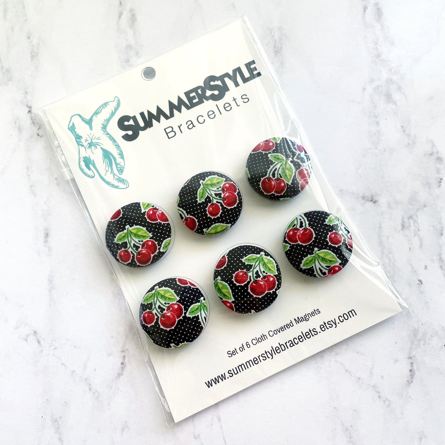 Set of 6 Cherry Magnets, Cloth Button Magnet, Vintage Kitchen Decor, SummerStyle Bracelets