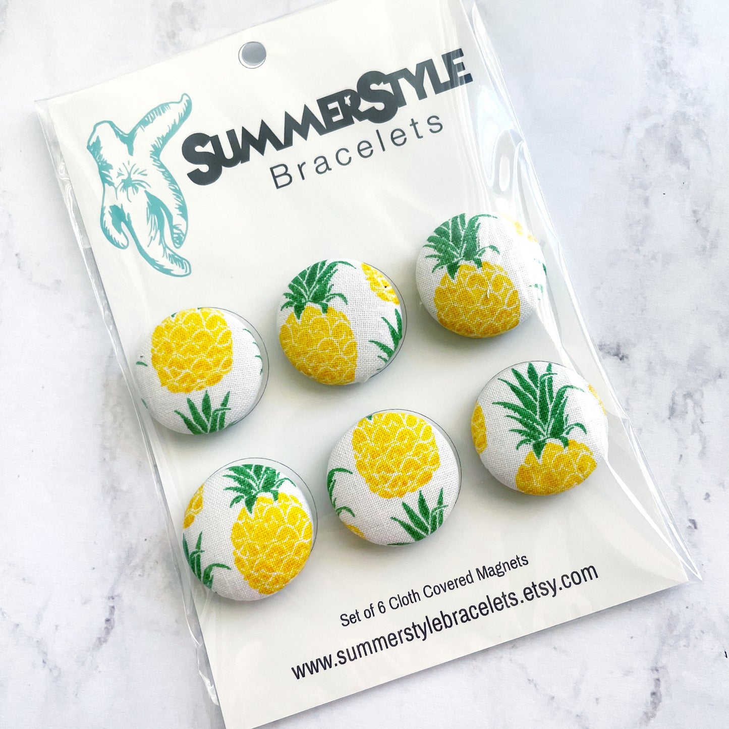 Set of 6 Pineapple Magnets, Cloth Button Magnet, Kitchen Decor, SummerStyle Bracelets