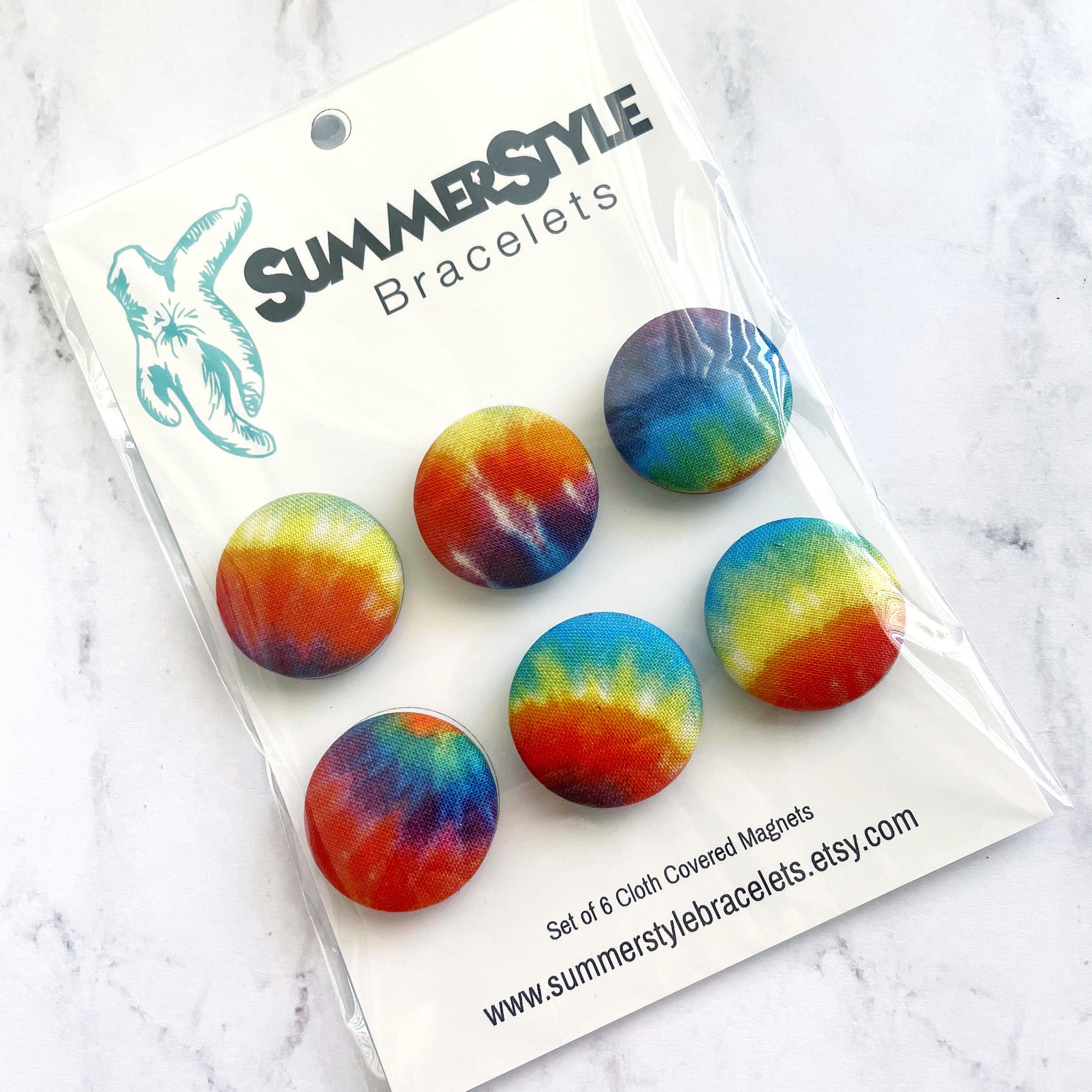 Set of 6 Rainbow Tie Dye Magnets, Cloth Button Magnet, Kitchen Decor, SummerStyle Bracelets