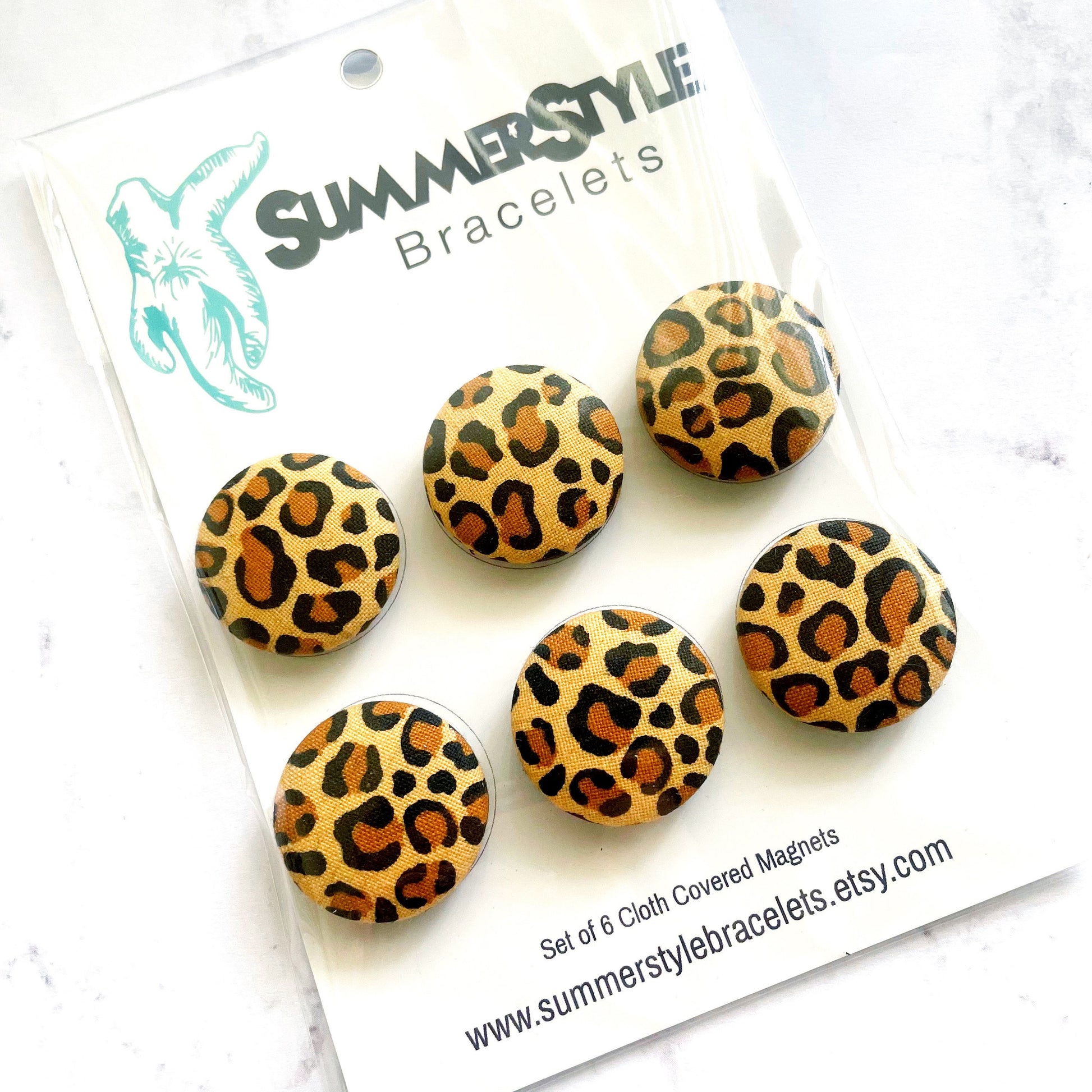 Set of 6 Cheetah Magnets, Cloth Button Magnet, Kitchen Decor, SummerStyle Bracelets