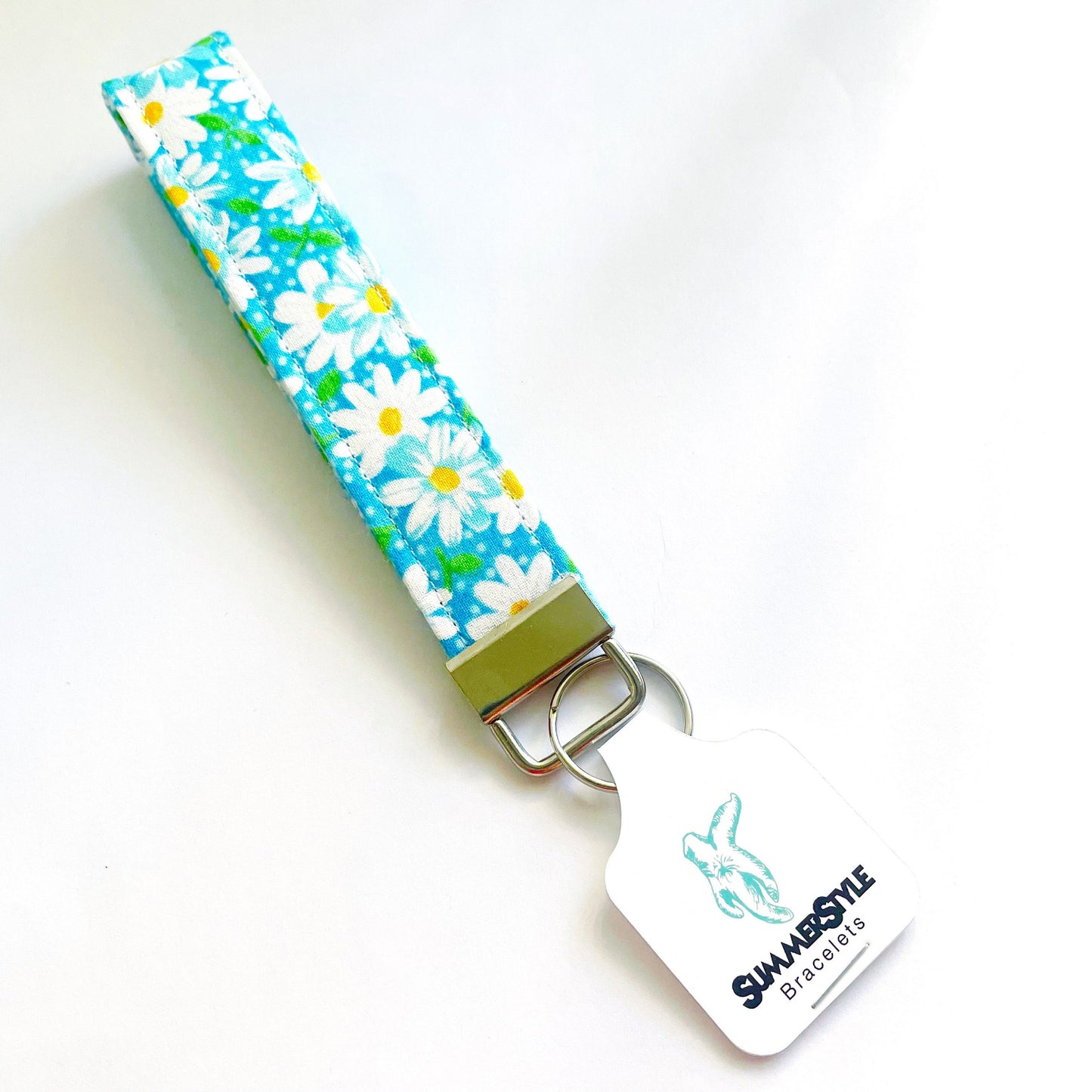 Blue Daisy Key Fob Wristlet, 6.5in Wristlet Lanyard, Keychain Wristlet, Handmade Lanyard, SummerStyle Bracelets