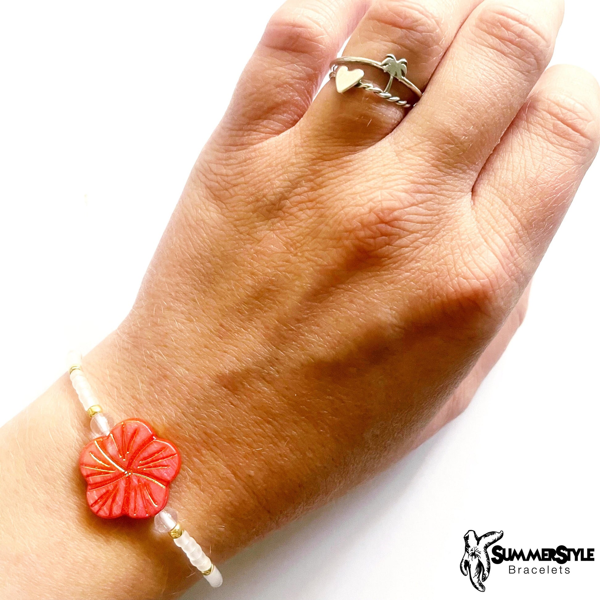 Coral Hibiscus Beaded Bracelet, Seed Bead Bracelet, Floral Shell Bead, SummerStyle Bracelets