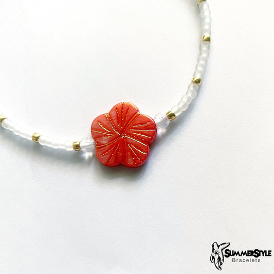 Coral Hibiscus Beaded Bracelet, Seed Bead Bracelet, Floral Shell Bead, SummerStyle Bracelets