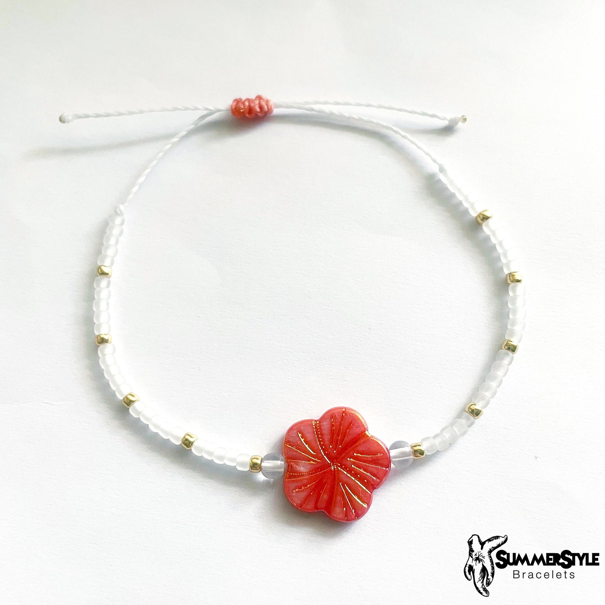 Coral Hibiscus Beaded Bracelet, Seed Bead Bracelet, Floral Shell Bead, SummerStyle Bracelets