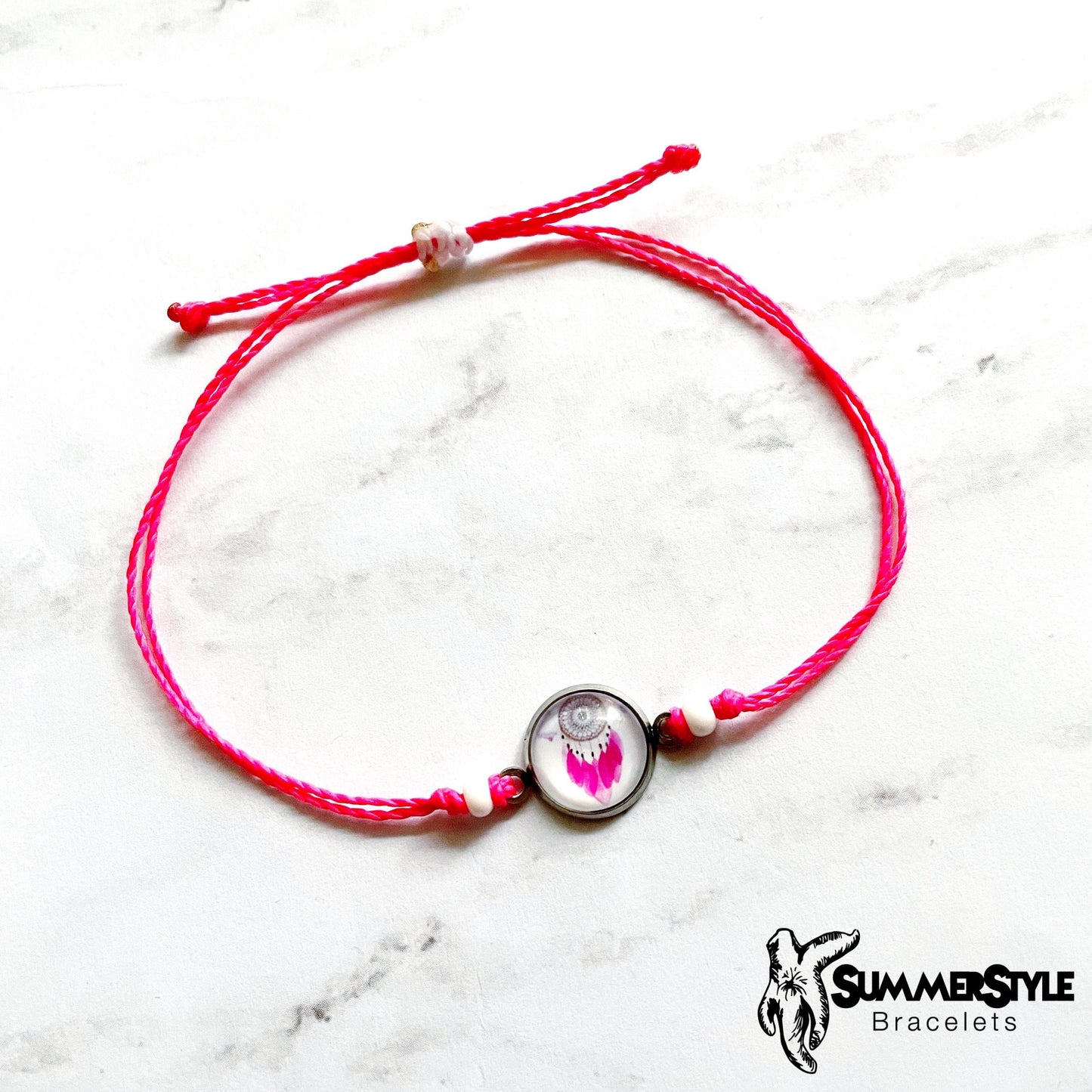 Pink Dreamy Dreamcatcher Adjustable Waterproof Bracelet, Dreamcatcher Bracelet, Cabochon Jewelry, SummerStyle Bracelets