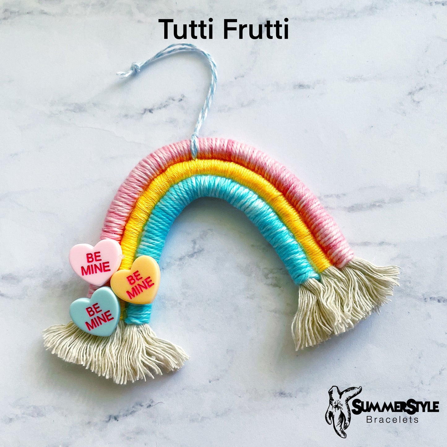 VALENTINE Candy Hearts Macramé Rainbow Car Charm, Valentine’s Day Rainbow, Boho Accessories, Macrame Rainbow, SummerStyle Bracelets