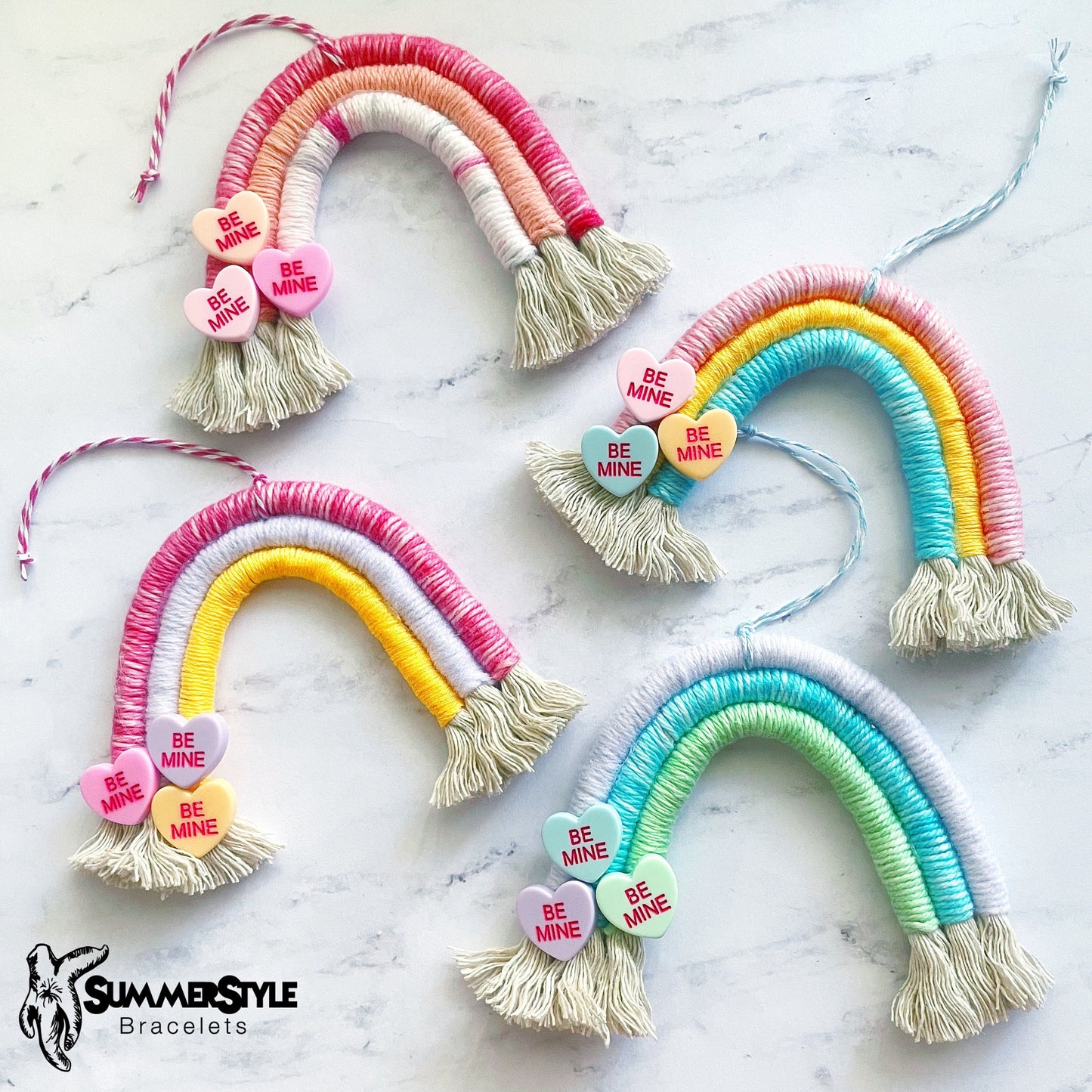 VALENTINE Candy Hearts Macramé Rainbow Car Charm, Valentine’s Day Rainbow, Boho Accessories, Macrame Rainbow, SummerStyle Bracelets