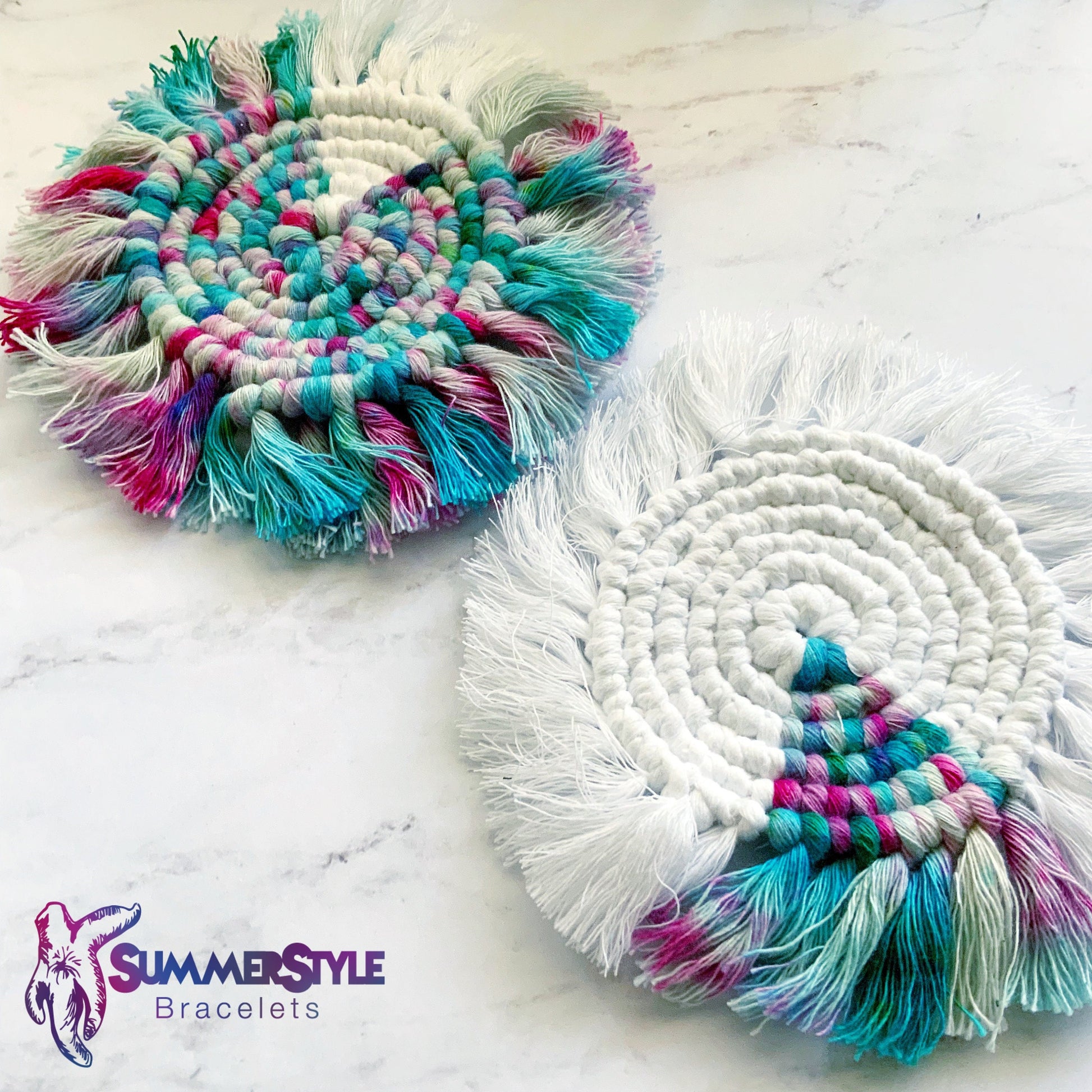 Mermaid Tie Dye Macrame Coaster Set, Boho Decor, Coastal Decor, SummerStyle Bracelets