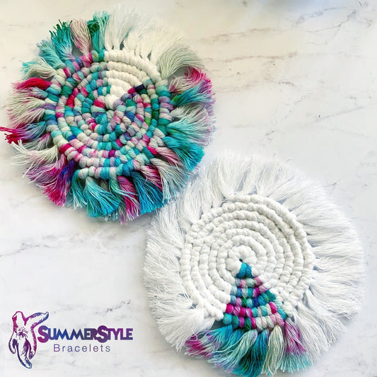 Mermaid Tie Dye Macrame Coaster Set, Boho Decor, Coastal Decor, SummerStyle Bracelets