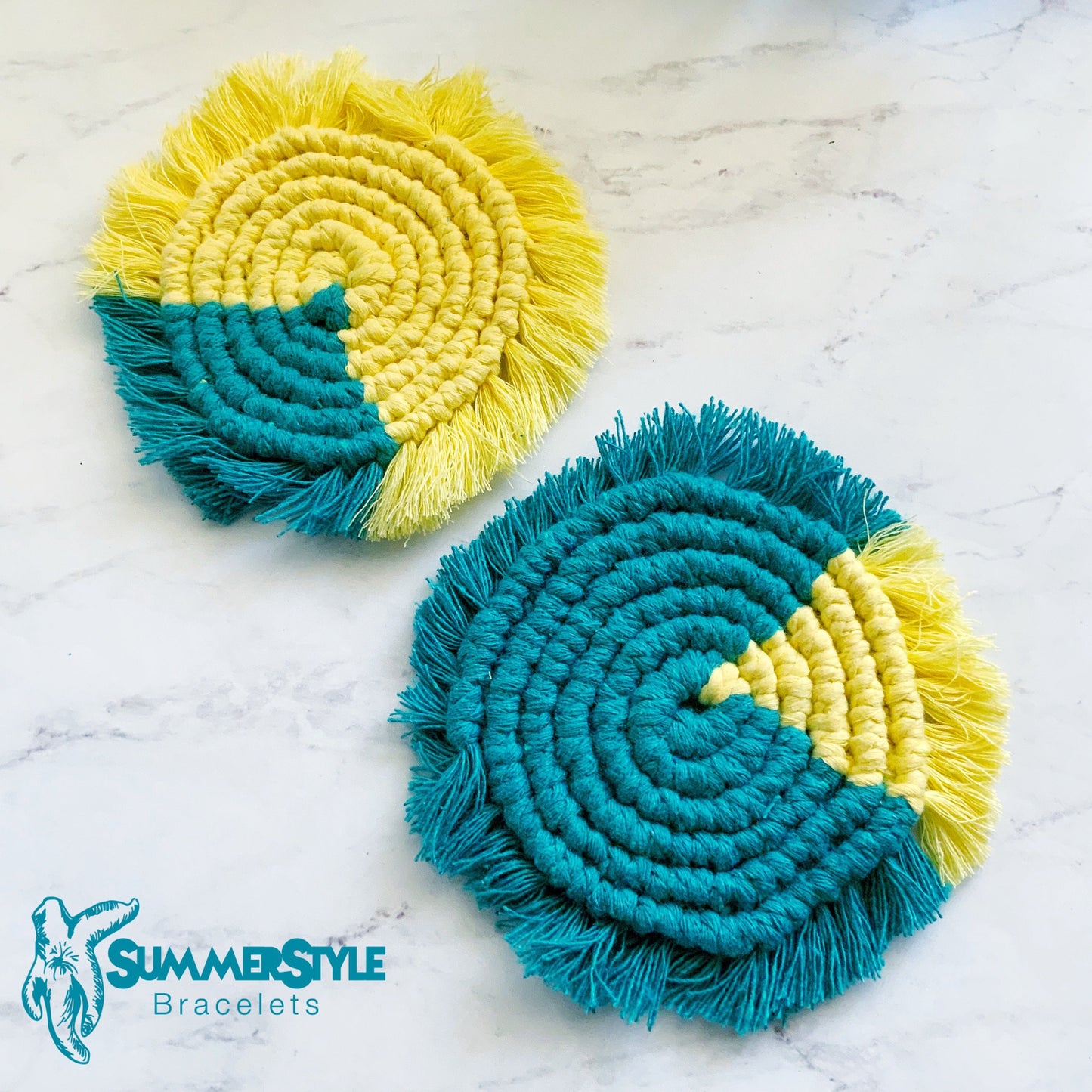 Teal & Yellow Macrame Coaster Set, Boho Decor, Coastal Decor, SummerStyle Bracelets