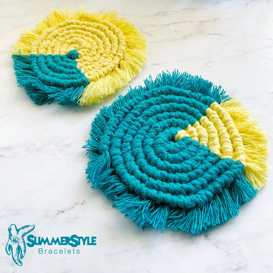 Teal & Yellow Macrame Coaster Set, Boho Decor, Coastal Decor, SummerStyle Bracelets