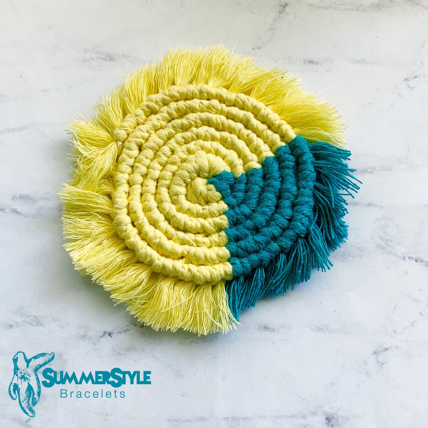 Teal & Yellow Macrame Coaster Set, Boho Decor, Coastal Decor, SummerStyle Bracelets