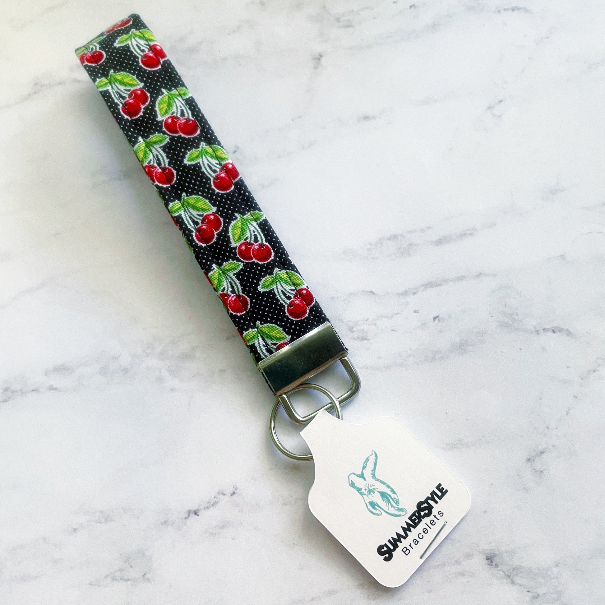 Vintage Cherries Key Fob Wristlet, 6.5in Wristlet Lanyard, Keychain Wristlet, Handmade Lanyard, SummerStyle Bracelets