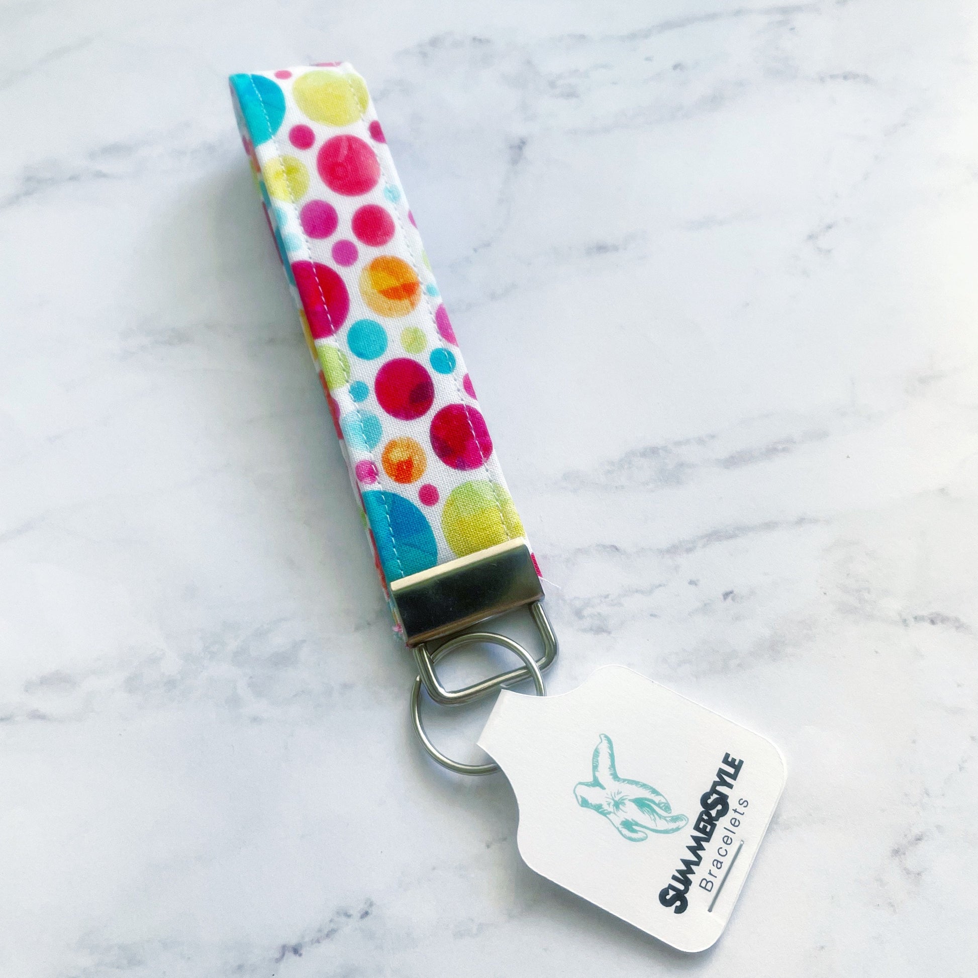 Rainbow Polka Dot Key Fob Wristlet, 5.5in Wristlet Lanyard, Keychain Wristlet, Handmade Lanyard, SummerStyle Bracelets