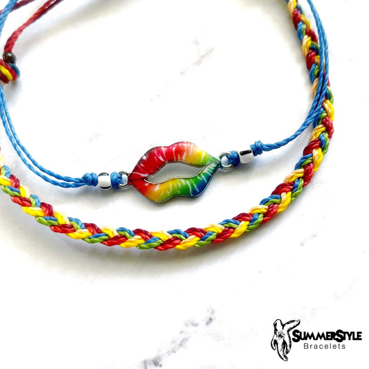 Rainbow Lip Print Adjustable Waterproof Bracelet Pack, Charm Bracelet, Braided Bracelet, SummerStyle Bracelets