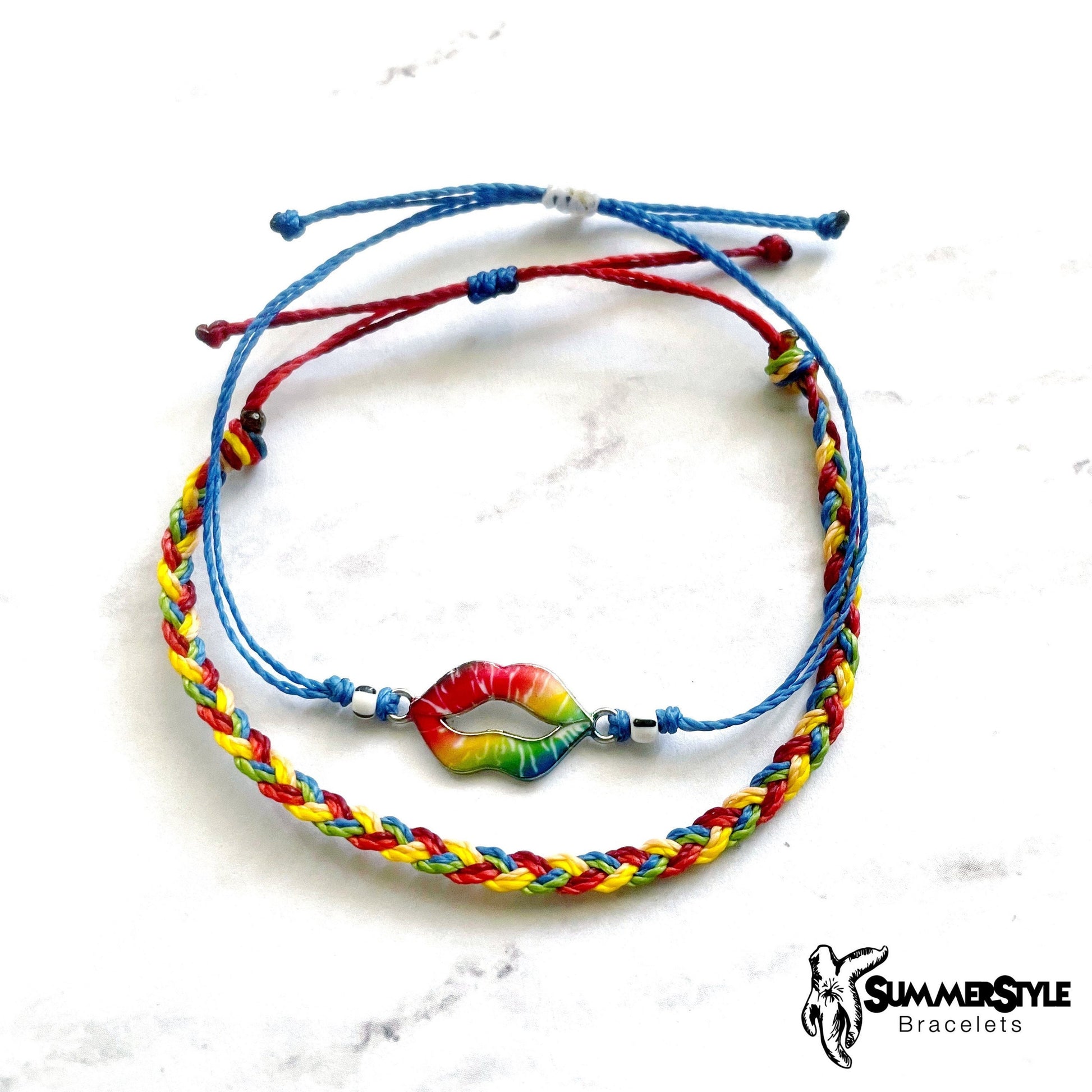 Rainbow Lip Print Adjustable Waterproof Bracelet Pack, Charm Bracelet, Braided Bracelet, SummerStyle Bracelets