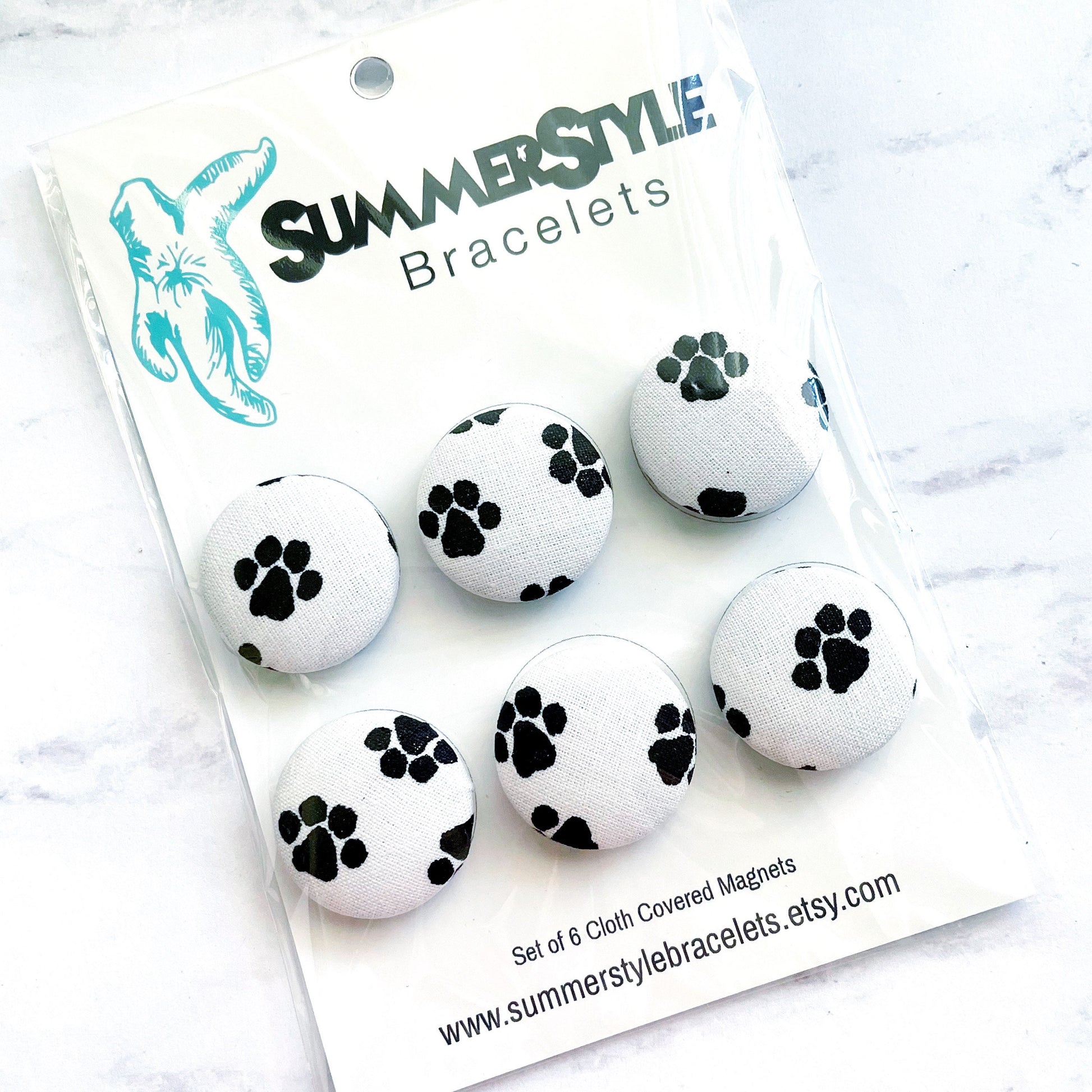 Set of 6 White Paw Print Magnets, Cloth Button Magnet, Office Decor, Refrigerator Magnets, SummerStyle Bracelets