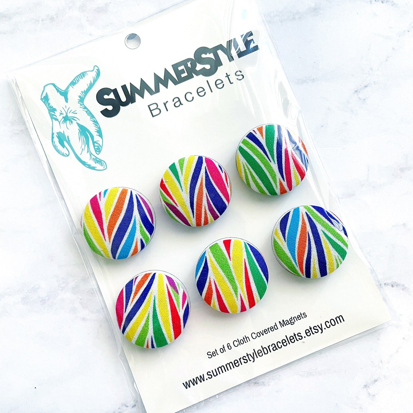 Set of 6 Rainbow Zebra Stripe Magnets, Cloth Button Magnet, Office Decor, Refrigerator Magnets, SummerStyle Bracelets