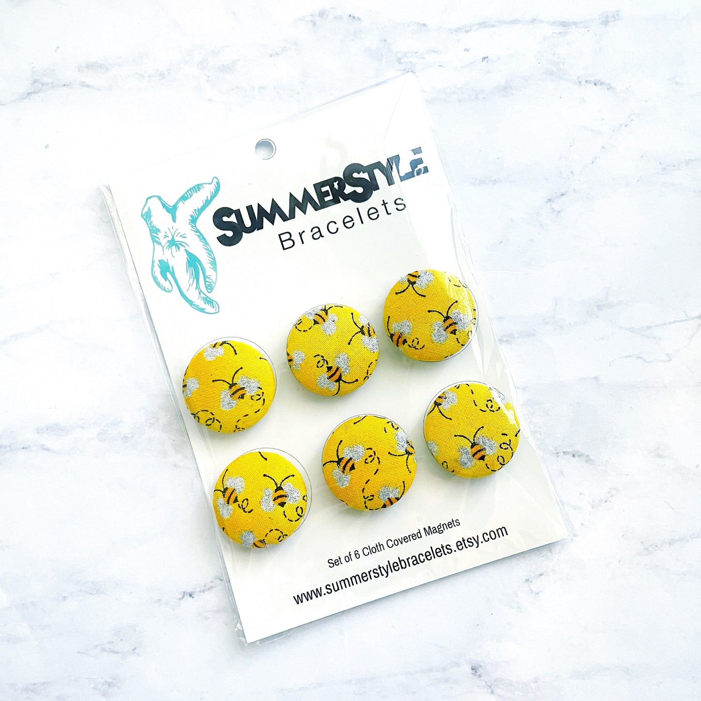 Set of 6 Yellow Honeybee Magnets, Cloth Button Magnet, Office Decor, Refrigerator Magnets, SummerStyle Bracelets