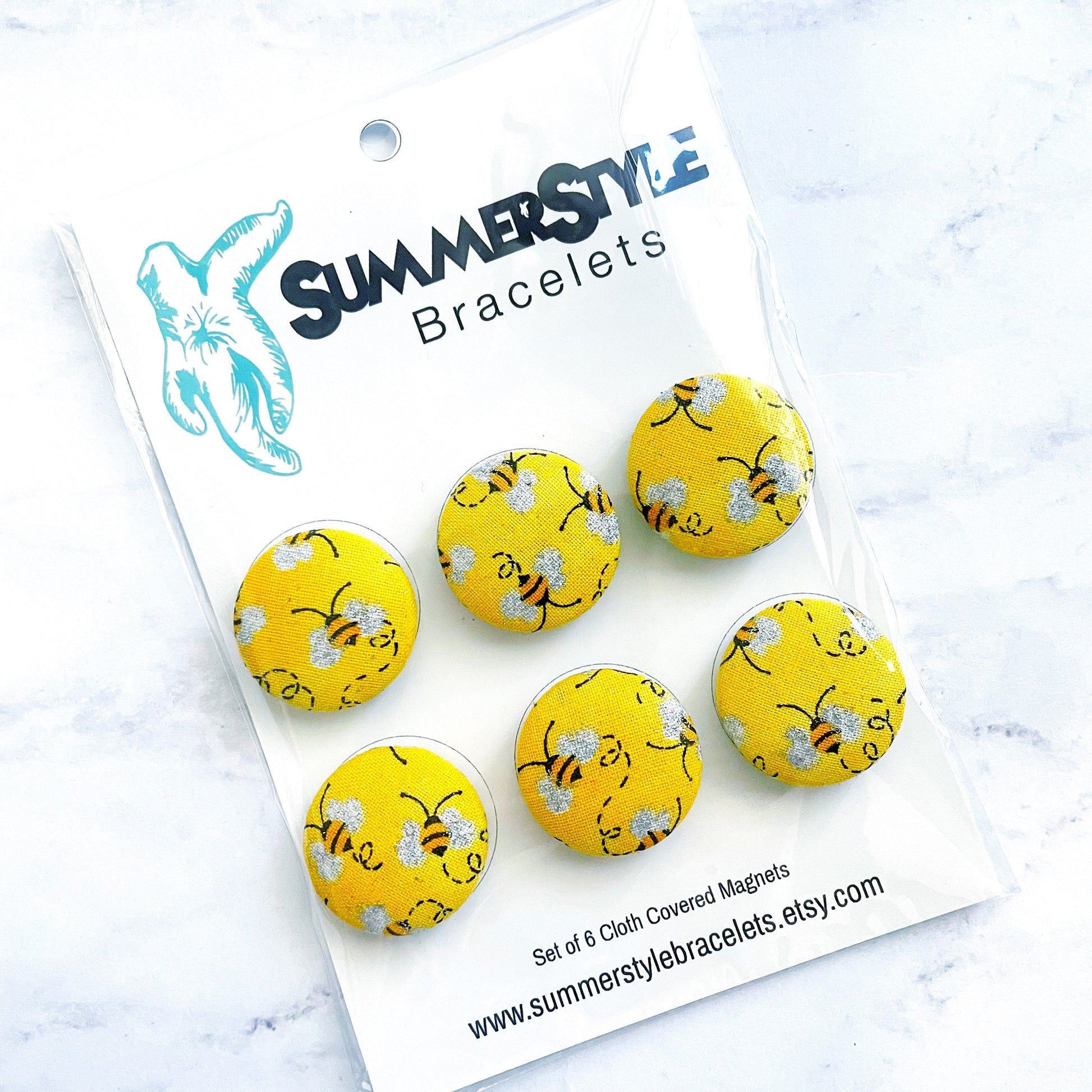 Set of 6 Yellow Honeybee Magnets, Cloth Button Magnet, Office Decor, Refrigerator Magnets, SummerStyle Bracelets