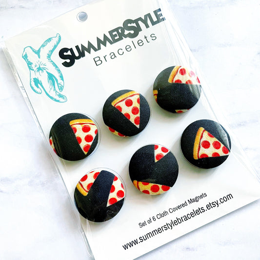 Set of 6 Black Pizza Magnets, Cloth Button Magnet, Office Decor, Refrigerator Magnets, SummerStyle Bracelets