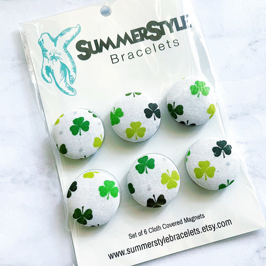 ST PATRICKS DAY Set of 6 Shamrock Magnets, Cloth Button Magnet, Office Decor, Refrigerator Magnets, SummerStyle Bracelets