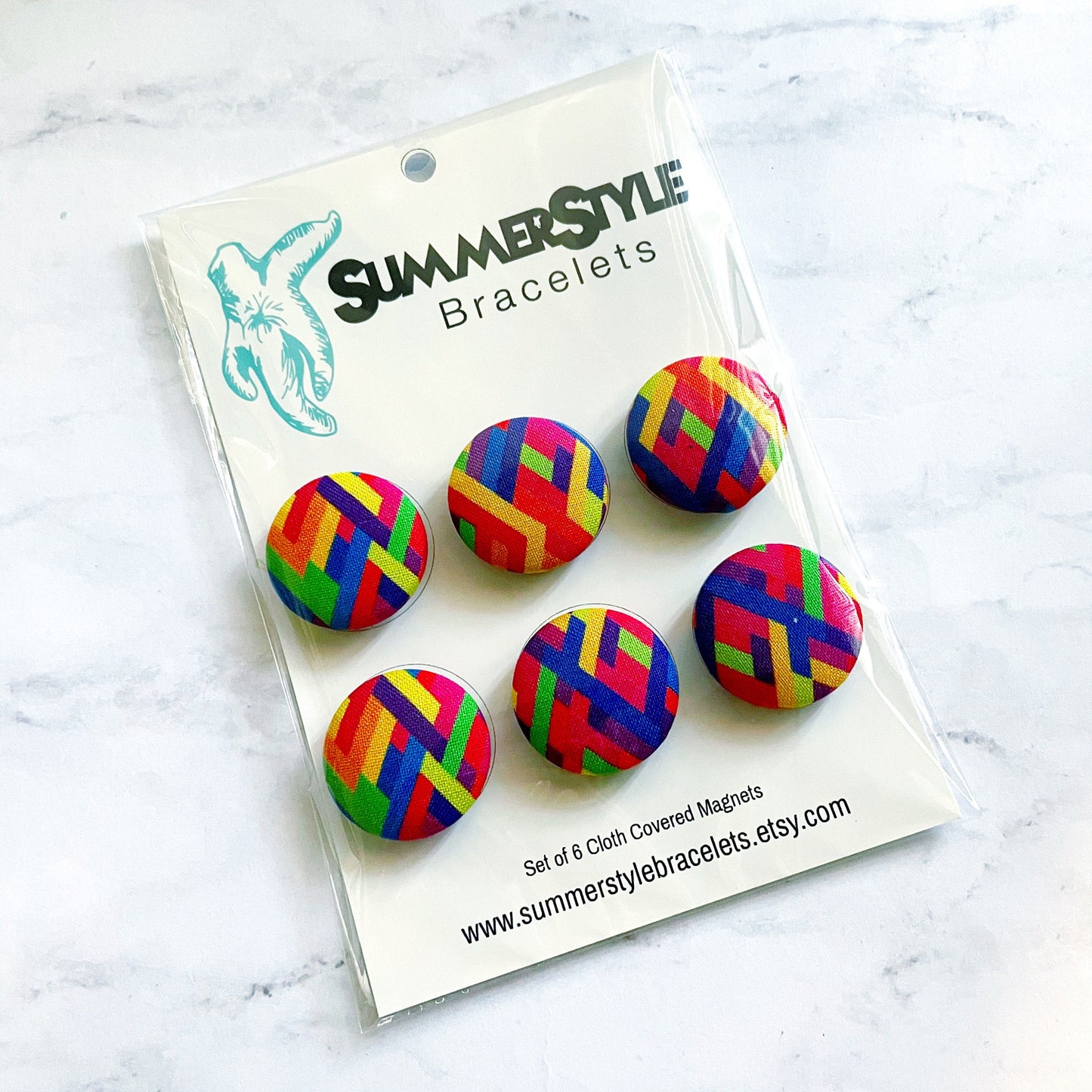 Set of 6 Rainbow Zig Zag Magnets, Cloth Button Magnet, Office Decor, Refrigerator Magnets, SummerStyle Bracelets