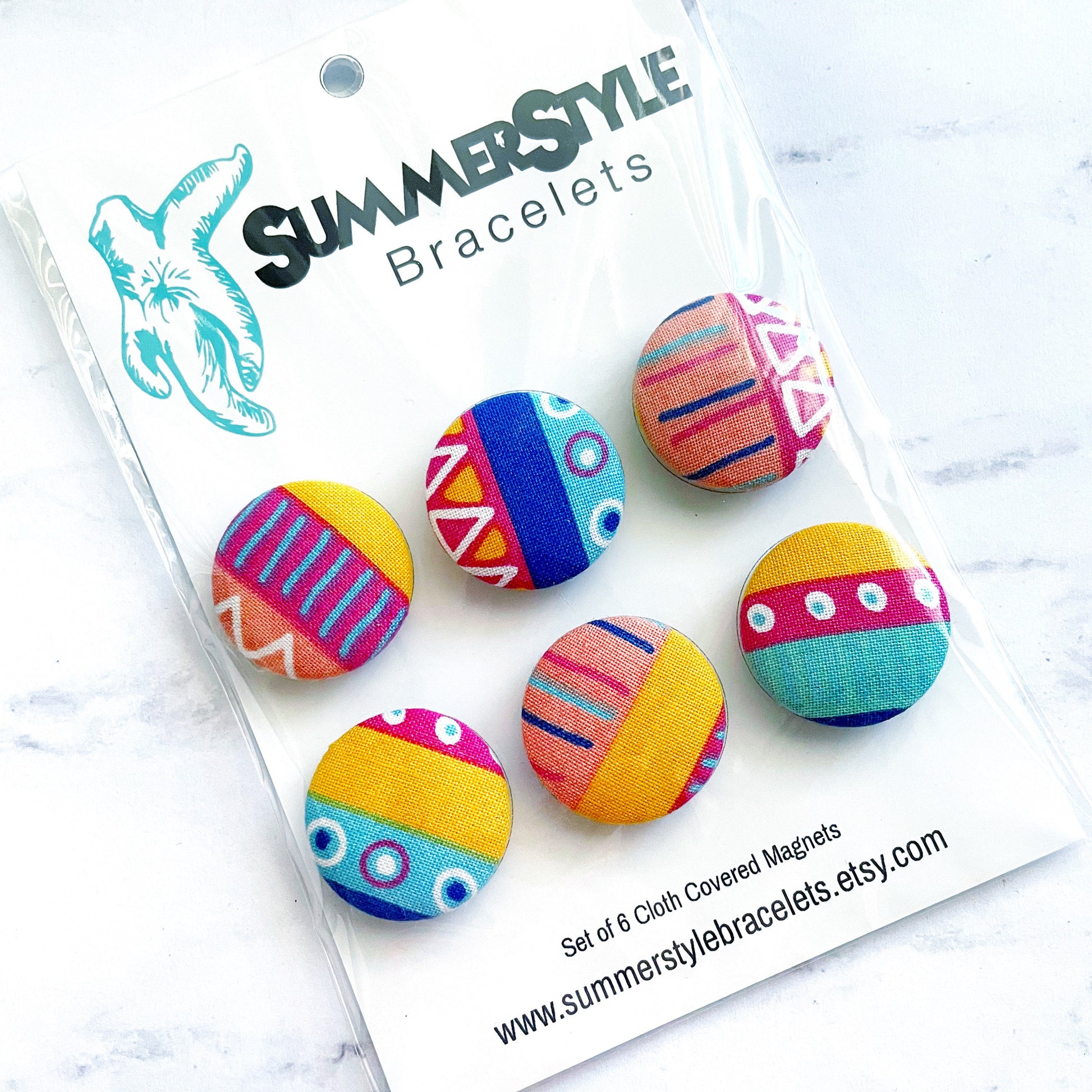 Set of 6 Bright Tribal Magnets, Cloth Button Magnet, Office Decor, Refrigerator Magnets, SummerStyle Bracelets