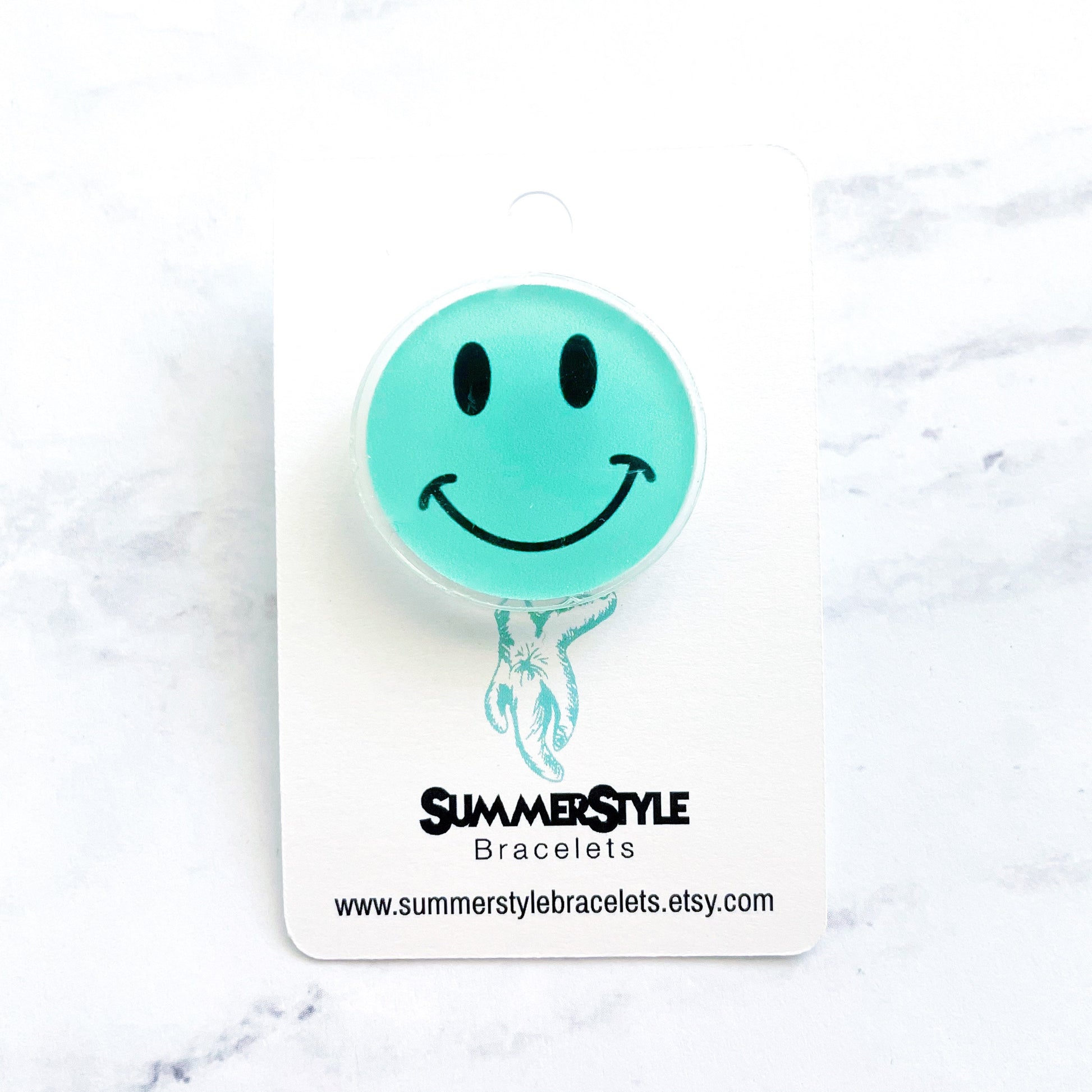 Teal Happy Face Acrylic Pin, Backpack Pin, Summer Pin, Happy Pin, Mini Acrylic Pin, SummerStyle Bracelets