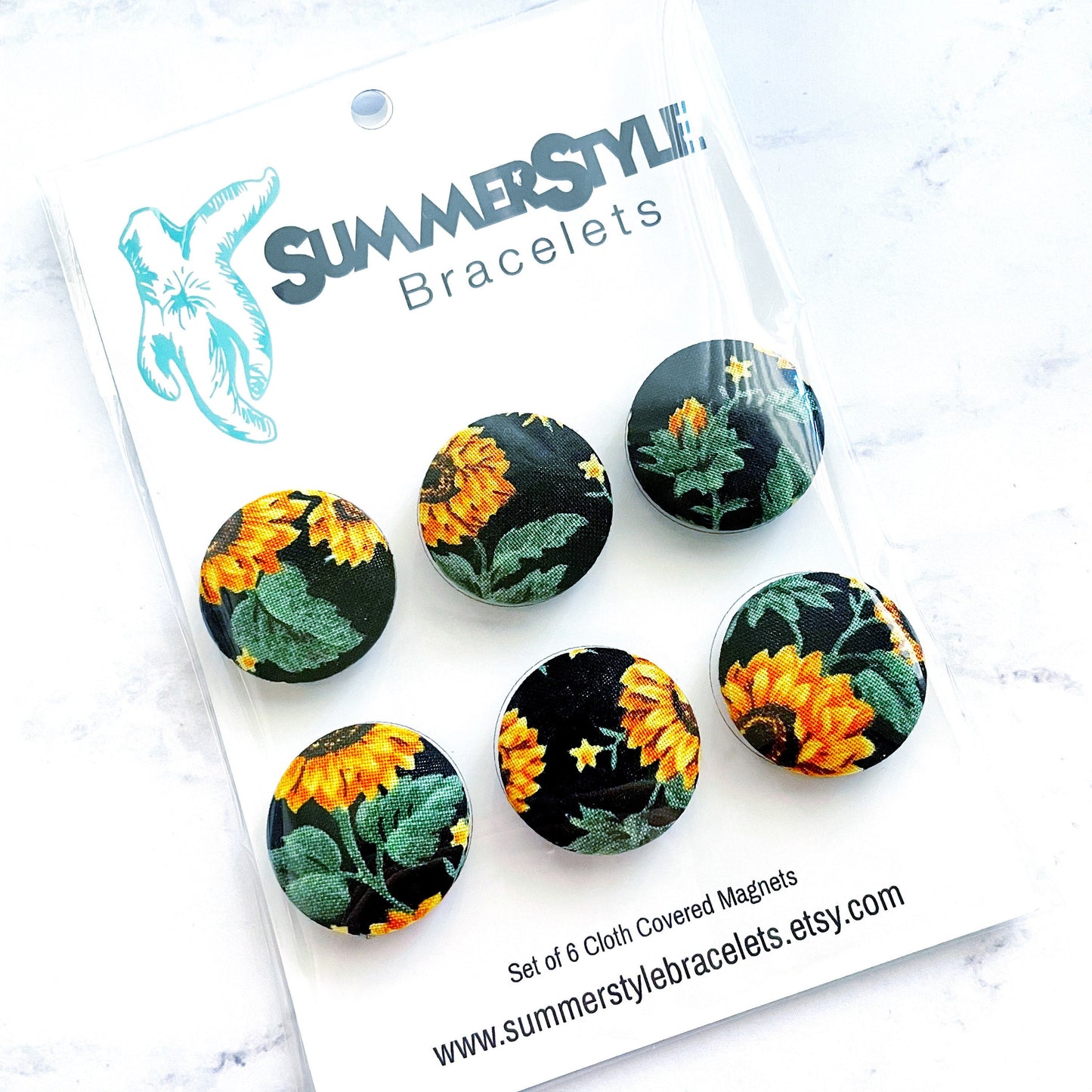 Set of 6 Black Sunny Sunflower Magnets, Cloth Button Magnet, Office Decor, Refrigerator Magnets, SummerStyle Bracelets