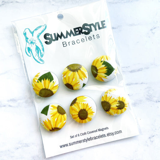 Set of 6 White Sunny Sunflower Magnets, Cloth Button Magnet, Office Decor, Refrigerator Magnets, SummerStyle Bracelets