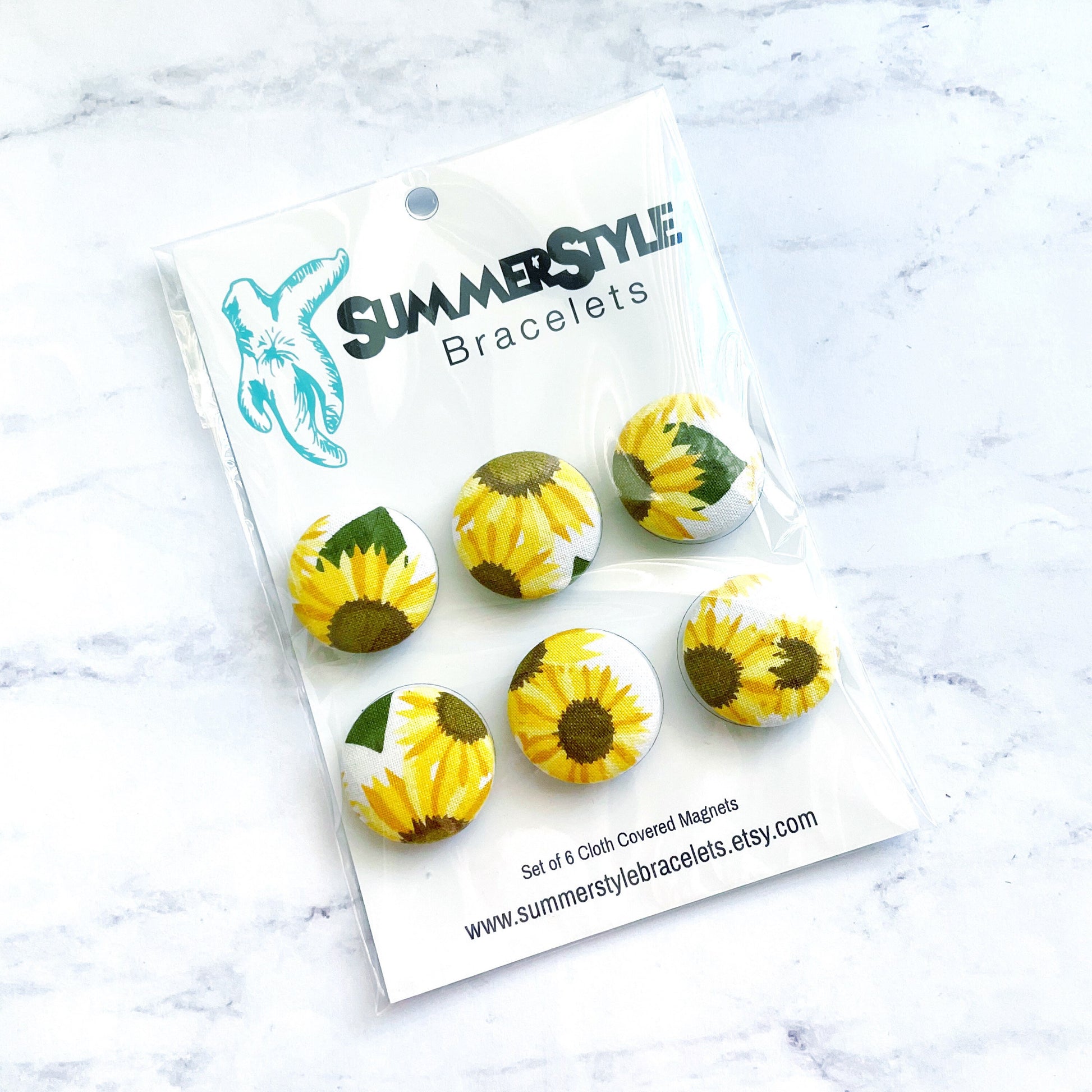 Set of 6 White Sunny Sunflower Magnets, Cloth Button Magnet, Office Decor, Refrigerator Magnets, SummerStyle Bracelets