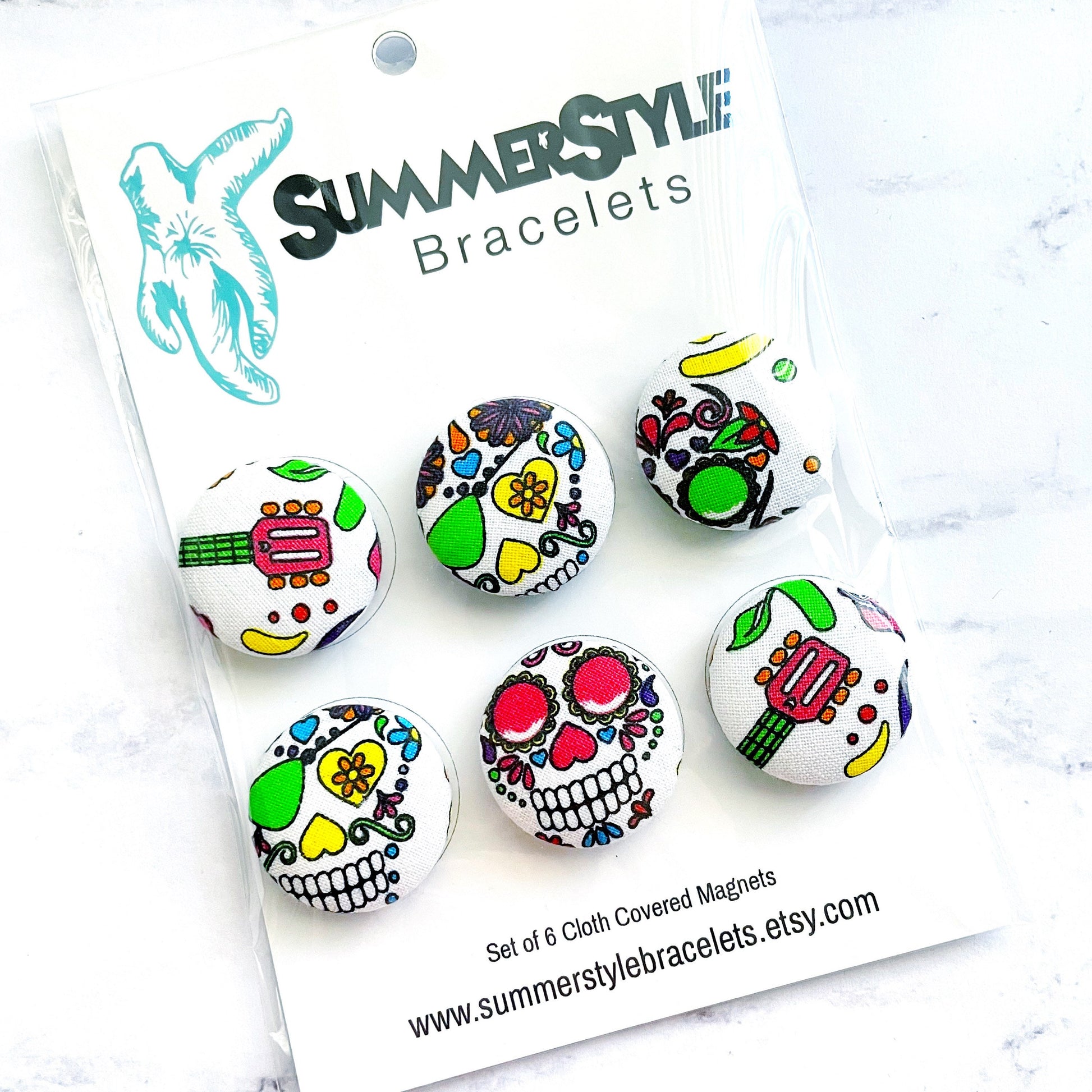 Set of 6 White Sugar Skull Magnets, Cloth Button Magnet, Office Decor, Refrigerator Magnets, SummerStyle Bracelets