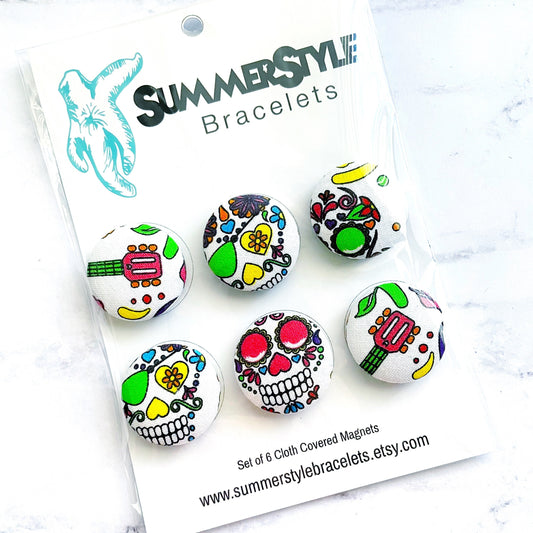 Set of 6 White Sugar Skull Magnets, Cloth Button Magnet, Office Decor, Refrigerator Magnets, SummerStyle Bracelets