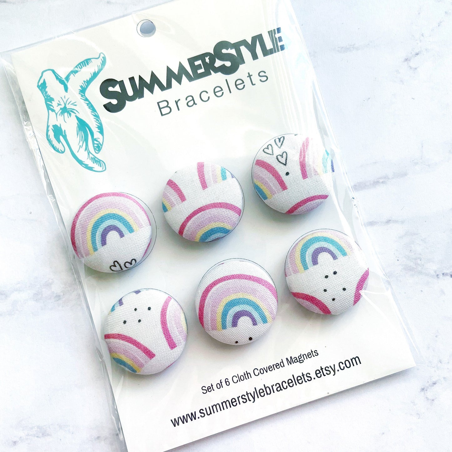 Set of 6 Pink Rainbow Magnets, Cloth Button Magnet, Office Decor, Refrigerator Magnets, SummerStyle Bracelets