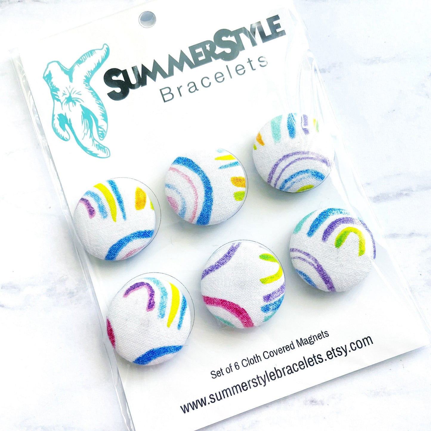 Set of 6 White Rainbow Magnets, Cloth Button Magnet, Office Decor, Refrigerator Magnets, SummerStyle Bracelets