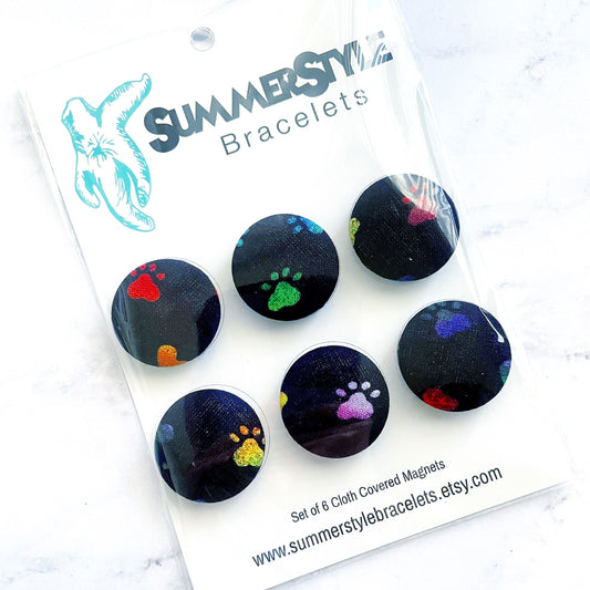 Set of 6 Dark Paw Print Magnets, Cloth Button Magnet, Office Decor, Refrigerator Magnets, SummerStyle Bracelets