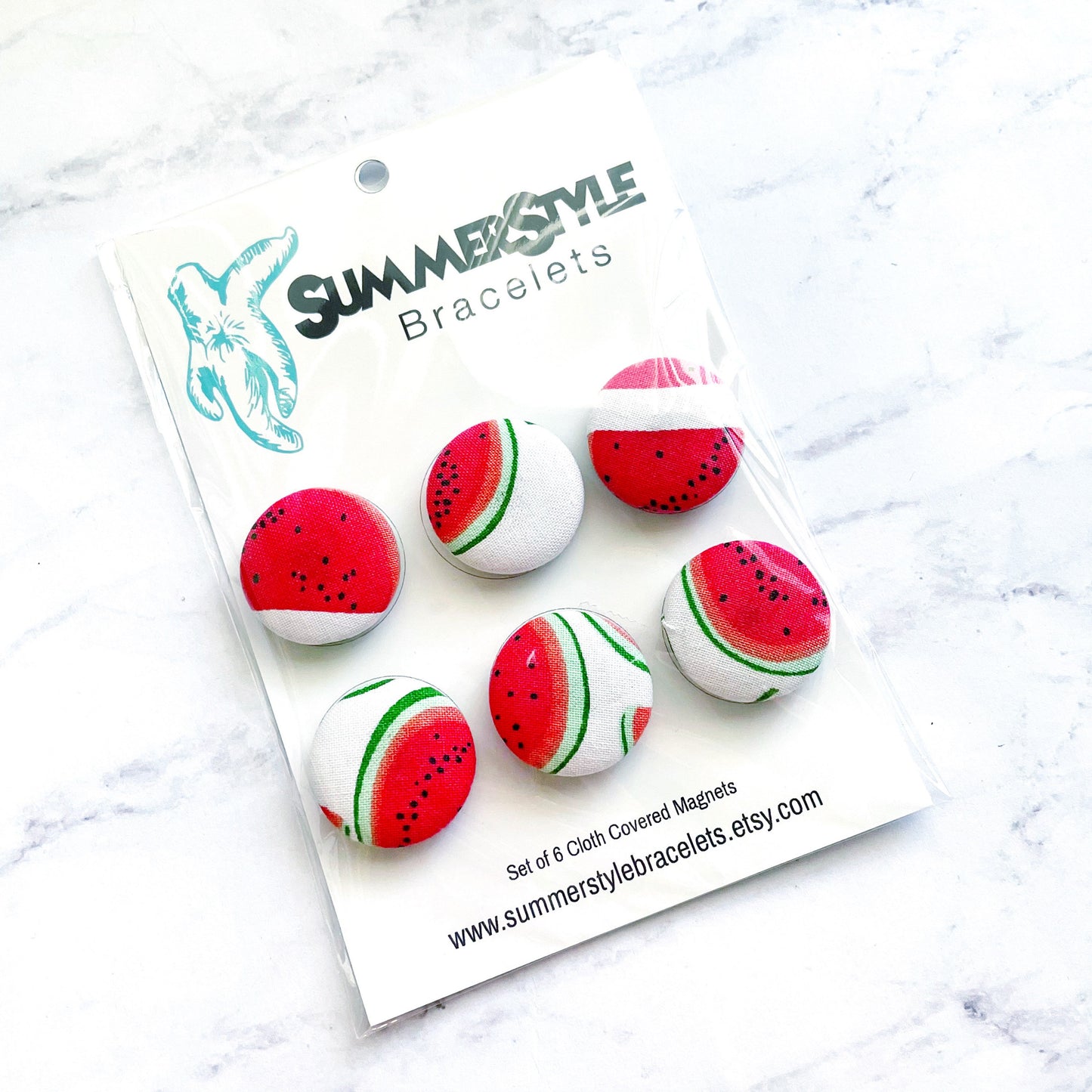 Set of 6 Watermelon Magnets, Cloth Button Magnet, Office Decor, Refrigerator Magnets, SummerStyle Bracelets