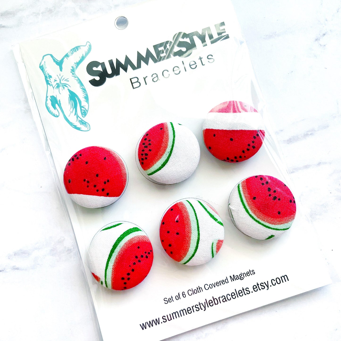 Set of 6 Watermelon Magnets, Cloth Button Magnet, Office Decor, Refrigerator Magnets, SummerStyle Bracelets