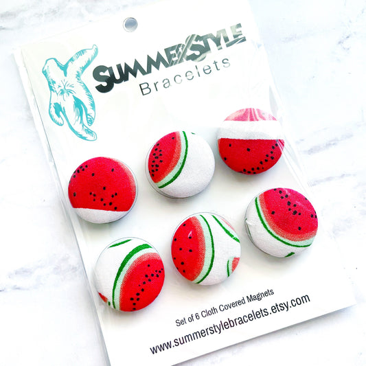 Set of 6 Watermelon Magnets, Cloth Button Magnet, Office Decor, Refrigerator Magnets, SummerStyle Bracelets