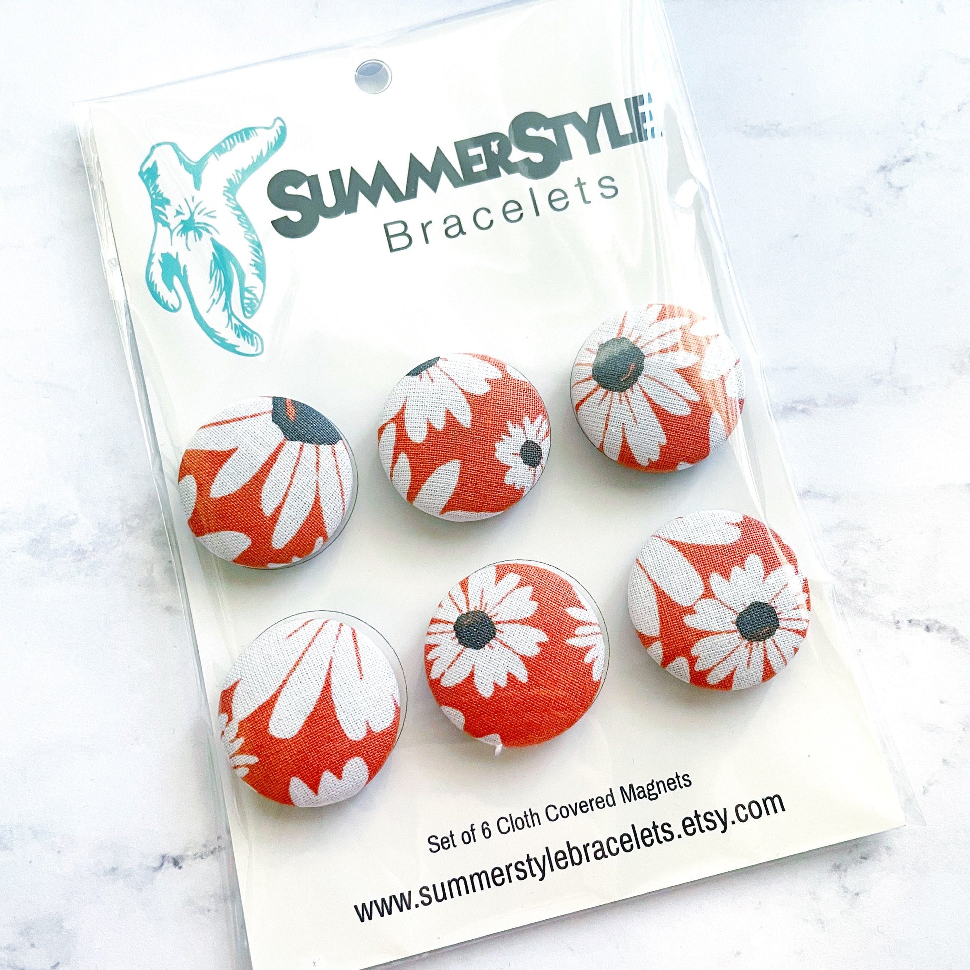 Set of 6 Coral Daisy Magnets, Cloth Button Magnet, Office Decor, Refrigerator Magnets, SummerStyle Bracelets