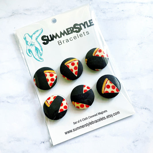 Set of 6 Black Pizza Magnets, Cloth Button Magnet, Office Decor, Refrigerator Magnets, SummerStyle Bracelets