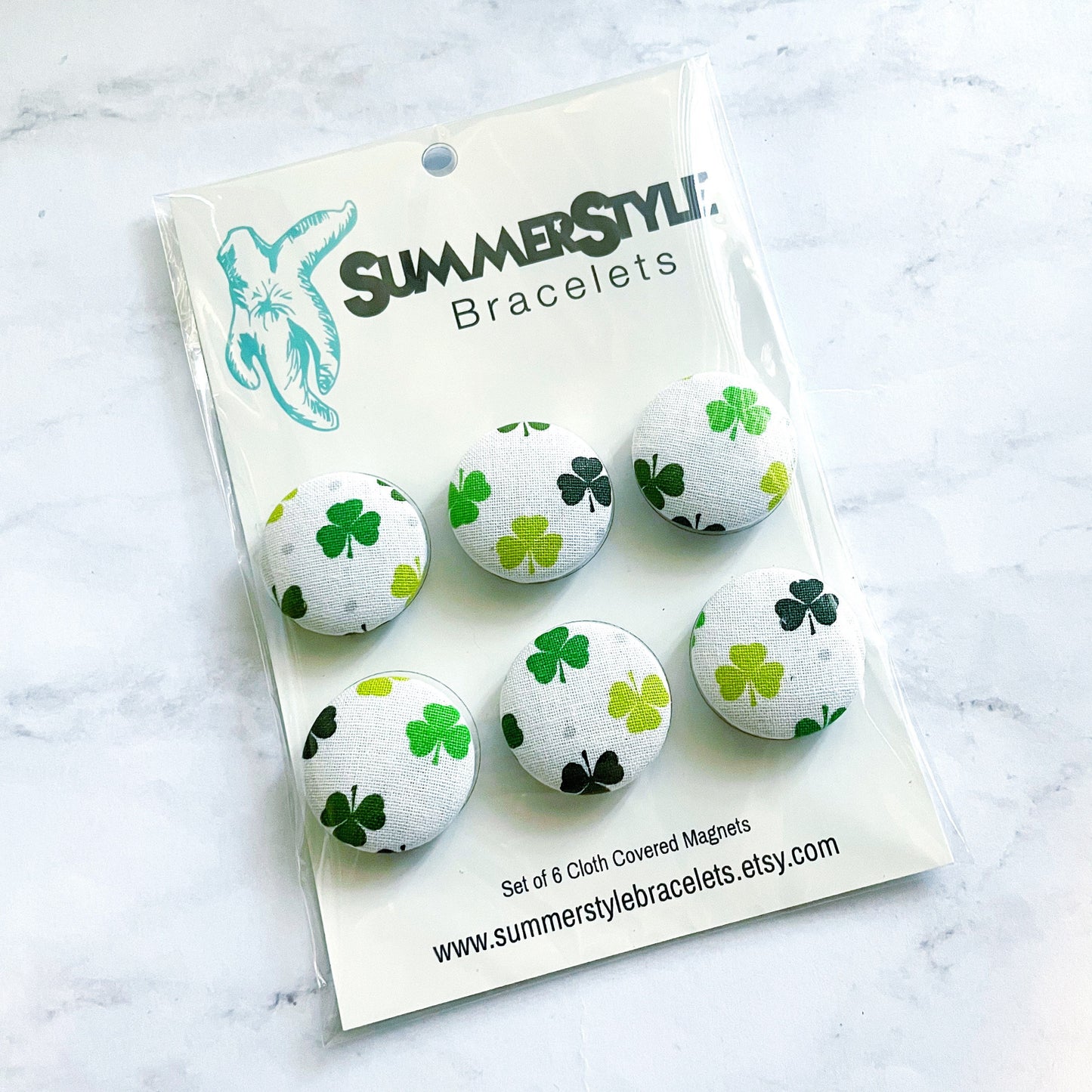 ST PATRICKS DAY Set of 6 Shamrock Magnets, Cloth Button Magnet, Office Decor, Refrigerator Magnets, SummerStyle Bracelets