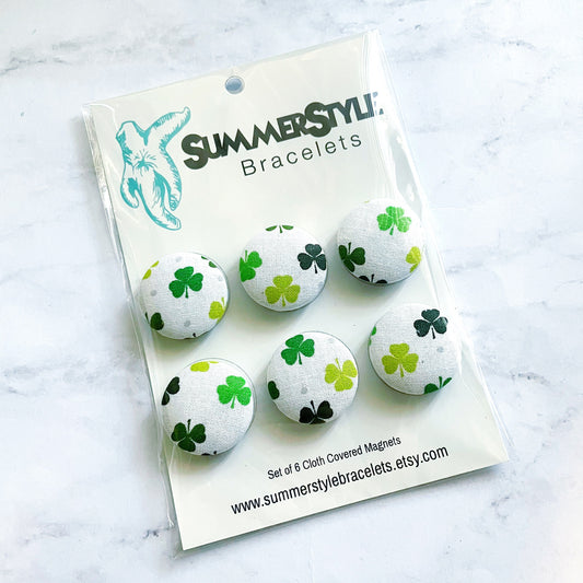 ST PATRICKS DAY Set of 6 Shamrock Magnets, Cloth Button Magnet, Office Decor, Refrigerator Magnets, SummerStyle Bracelets