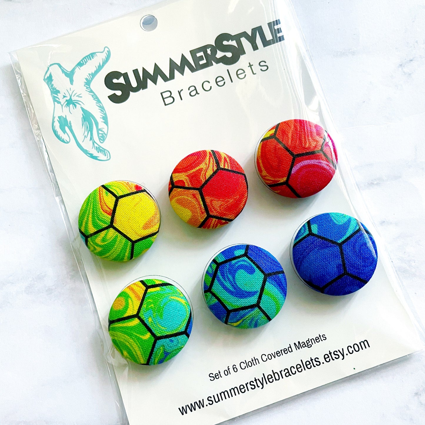 Set of 6 Liquid Rainbow Hexagon Magnets, Cloth Button Magnet, Office Decor, Refrigerator Magnets, SummerStyle Bracelets