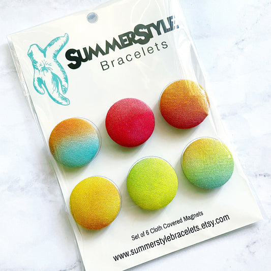 Set of 6 Ombré Rainbow Magnets, Cloth Button Magnet, Office Decor, Refrigerator Magnets, SummerStyle Bracelets