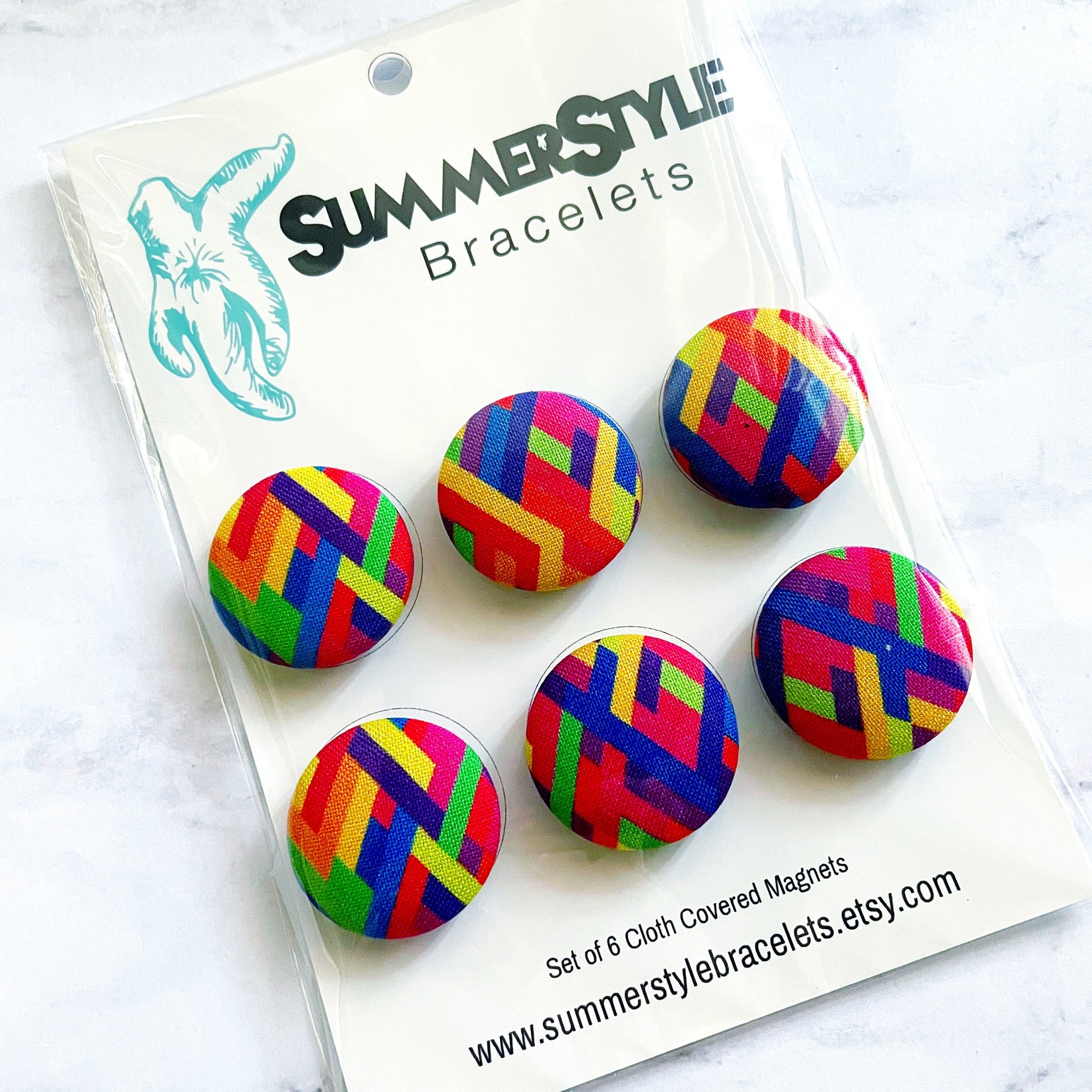 Set of 6 Rainbow Zig Zag Magnets, Cloth Button Magnet, Office Decor, Refrigerator Magnets, SummerStyle Bracelets